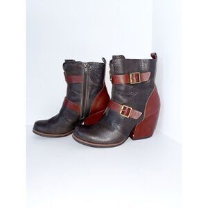 Korks Richard Two Toned Brown Bootie Pebbled Leather Ankle Boot Strap Chunky 7.5